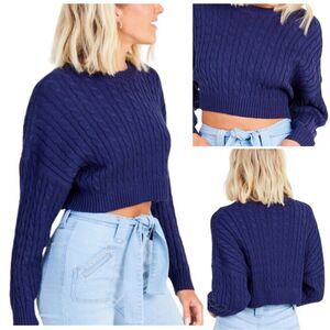 Alter’d State Charlie Sweater cropped long sleeve navy blue cable knit crew S